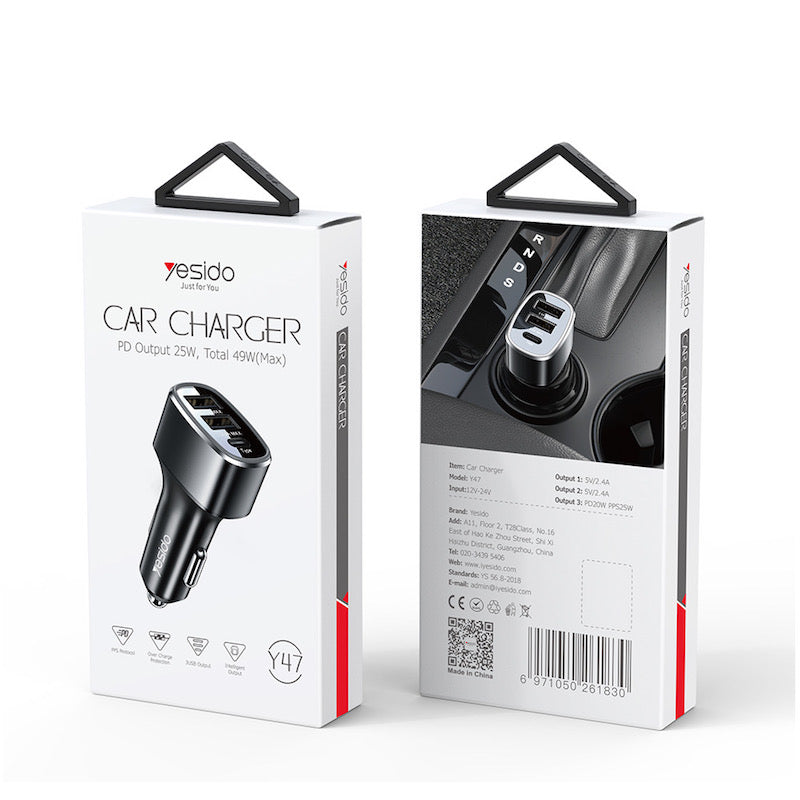 YESIDO Y47 Typ C und 2x USB Auto Ladegerät mit Ladefunktion