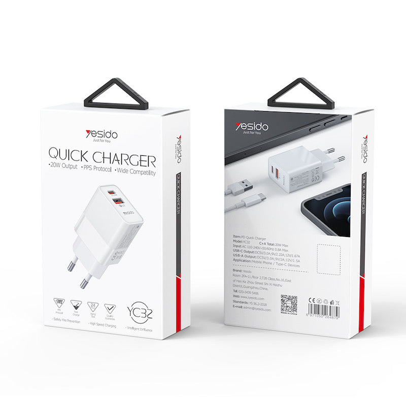 YESIDO YC32 20W Typ C und USB Ladegerät Adapter