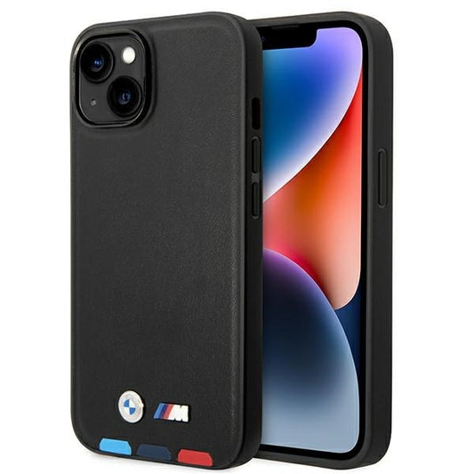 BMW Magsafe Handy Hülle Case Leder Stamp Tricolor für iPhone 13 / 14 / 15 Schwarz