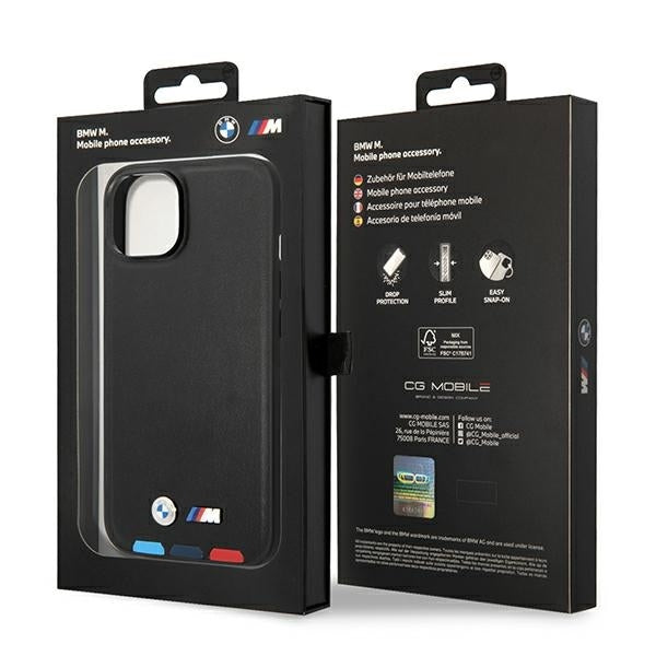 BMW Magsafe Handy Hülle Case Leder Stamp Tricolor für iPhone 13 / 14 / 15 Schwarz