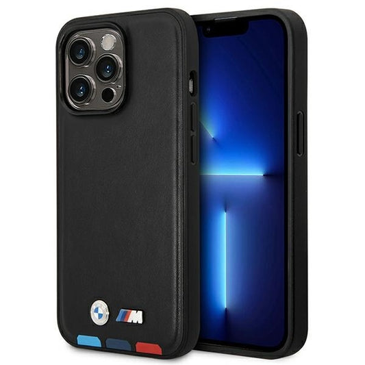 BMW Magsafe Handy Hülle Case Leder Stamp Tricolor für iPhone 14 Pro Schwarz