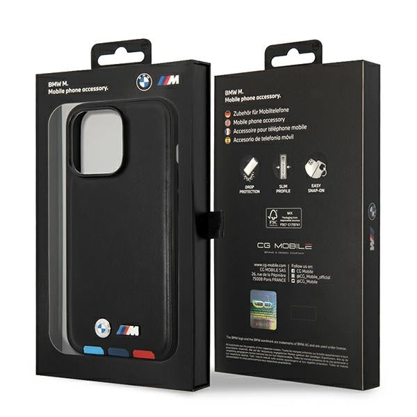 BMW Magsafe Handy Hülle Case Leder Stamp Tricolor für iPhone 14 Pro Schwarz