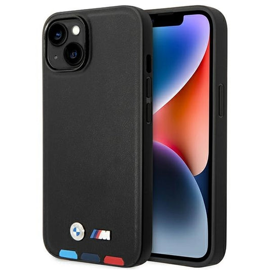 BMW Handy Hülle Case Leder Stamp Tricolor für iPhone 13 / 14 / 15 Schwarz