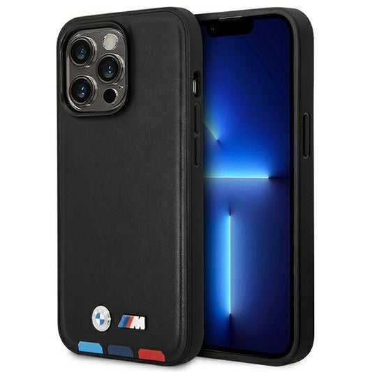 BMW Handy Hülle Case Leder Stamp Tricolor für iPhone 15 Pro Max Schwarz
