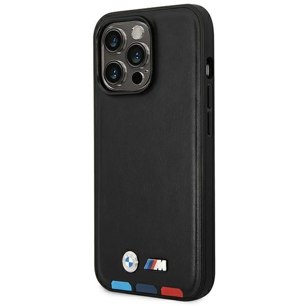 BMW Handy Hülle Case Leder Stamp Tricolor für iPhone 15 Pro Schwarz