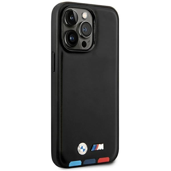 BMW Handy Hülle Case Leder Stamp Tricolor für iPhone 15 Pro Schwarz