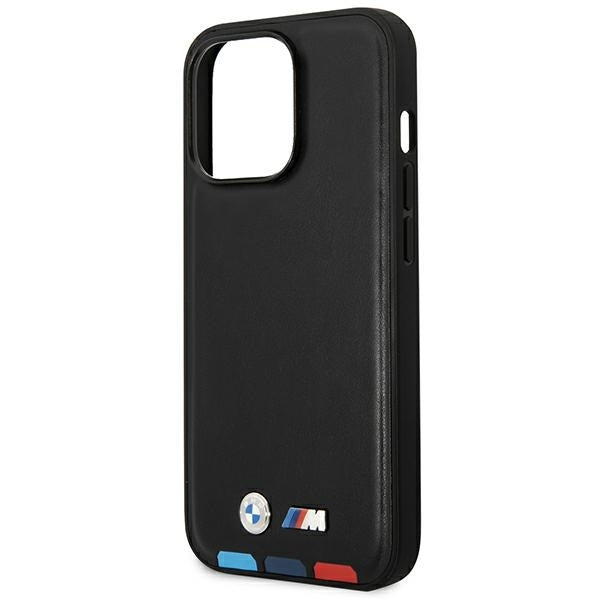 BMW Handy Hülle Case Leder Stamp Tricolor für iPhone 15 Pro Schwarz