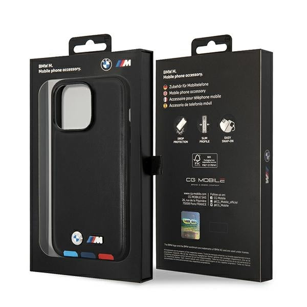BMW Handy Hülle Case Leder Stamp Tricolor für iPhone 15 Pro Max Schwarz