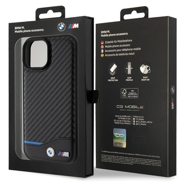 BMW Handy Hülle Case Leder Carbon für iPhone 13 / 14 / 15 Schwarz