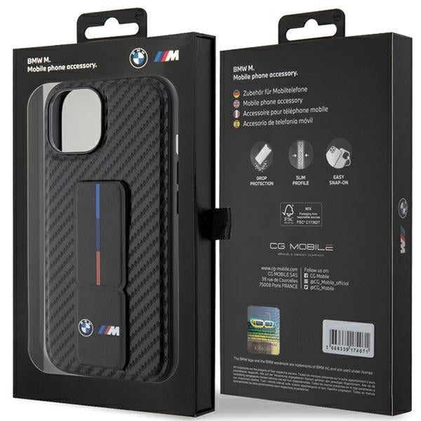 BMW Handy Hülle Case mit Grip Stand Smooth & Carbon für iPhone 13 / 14 / 15 Schwarz