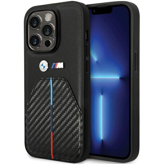 BMW Handy Hülle Case Leder Carbon Stamped Tricolor Stripe für iPhone 15 Pro Schwarz