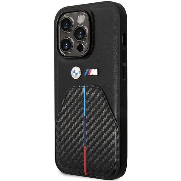 BMW Handy Hülle Case Leder Carbon Stamped Tricolor Stripe für iPhone 14 Pro Schwarz