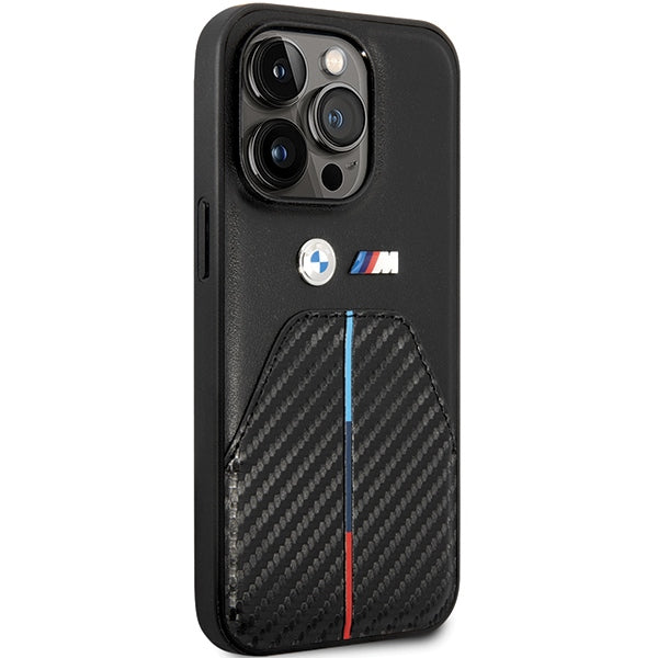 BMW Handy Hülle Case Leder Carbon Stamped Tricolor Stripe für iPhone 14 Pro Schwarz
