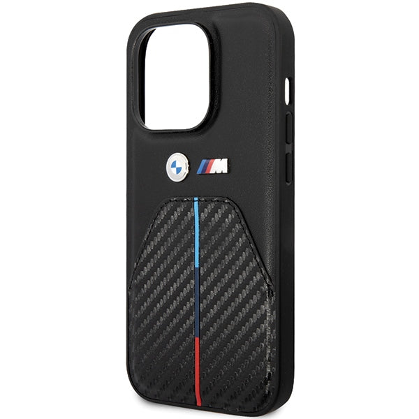 BMW Handy Hülle Case Leder Carbon Stamped Tricolor Stripe für iPhone 15 Pro Schwarz