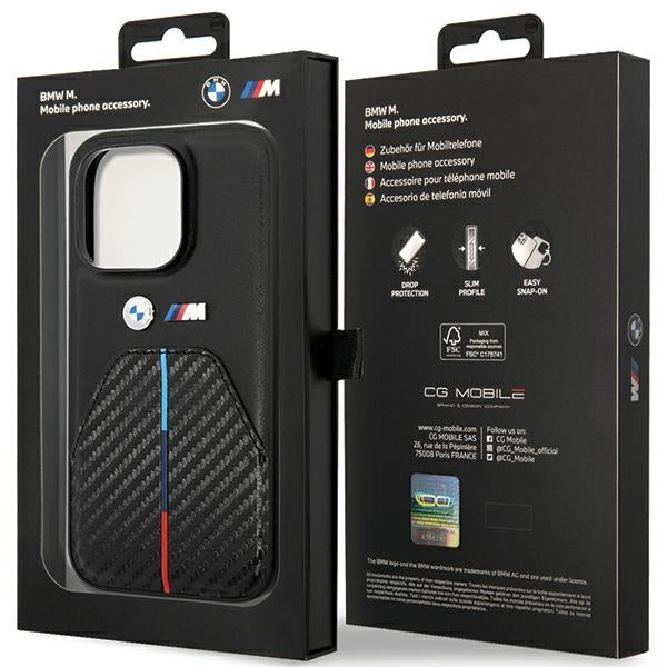 BMW Handy Hülle Case Leder Carbon Stamped Tricolor Stripe für iPhone 15 Pro Schwarz