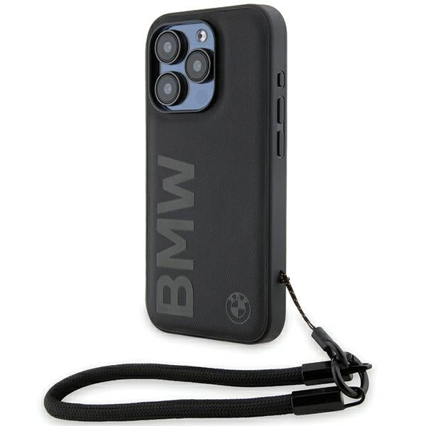 BMW Handy Hülle Case Signature Wordmark Leder Band Strap für iPhone 15 Pro Schwarz