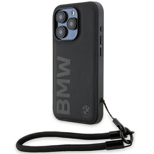 BMW Handy Hülle Case Signature Wordmark Leder Band Strap für iPhone 15 Pro Schwarz