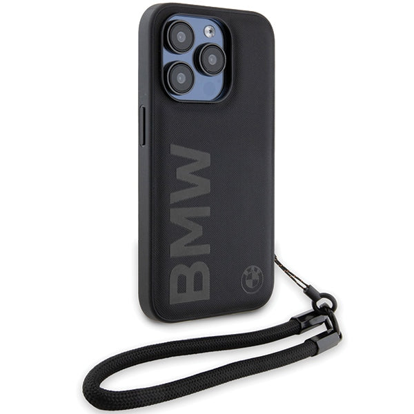 BMW Handy Hülle Case Signature Wordmark Leder Band Strap für iPhone 15 Pro Schwarz