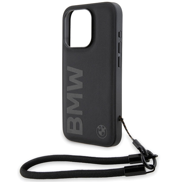 BMW Handy Hülle Case Signature Wordmark Leder Band Strap für iPhone 15 Pro Schwarz