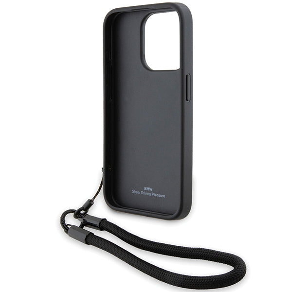 BMW Handy Hülle Case Signature Wordmark Leder Band Strap für iPhone 15 Pro Schwarz
