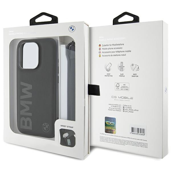 BMW Handy Hülle Case Signature Wordmark Leder Band Strap für iPhone 15 Pro Schwarz