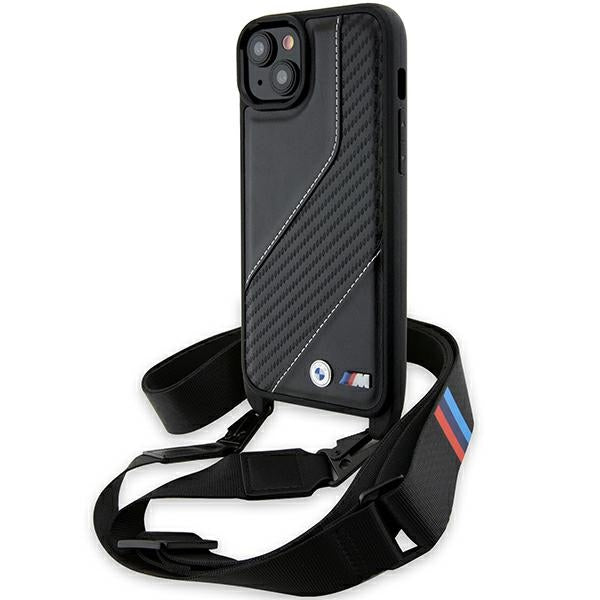 BMW Crossbody Handy Hülle Case M Edition Carbon Stripe & Strap für iPhone 13 / 14 / 15 Schwarz