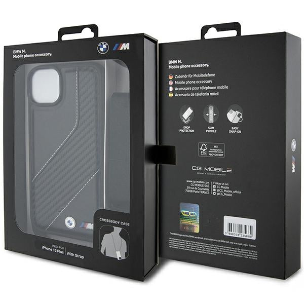 BMW Crossbody Handy Hülle Case M Edition Carbon Stripe & Strap für iPhone 13 / 14 / 15 Schwarz