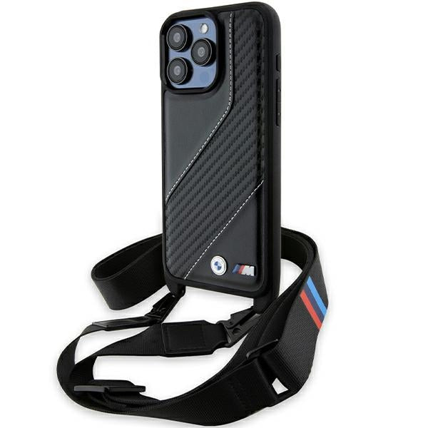 BMW Crossbody Handy Hülle Case M Edition Carbon Stripe & Strap für iPhone 15 Pro Max Schwarz