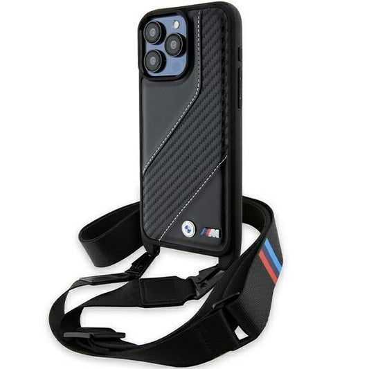 BMW Crossbody Handy Hülle Case M Edition Carbon Stripe & Strap für iPhone 15 Pro Max Schwarz