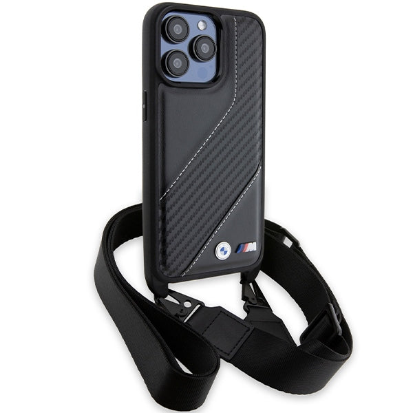BMW Crossbody Handy Hülle Case M Edition Carbon Stripe & Strap für iPhone 15 Pro Max Schwarz