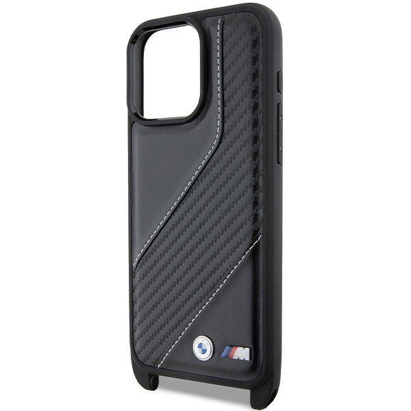 BMW Crossbody Handy Hülle Case M Edition Carbon Stripe & Strap für iPhone 15 Pro Schwarz