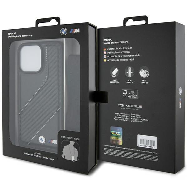 BMW Crossbody Handy Hülle Case M Edition Carbon Stripe & Strap für iPhone 15 Pro Schwarz