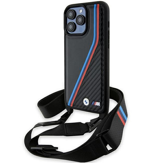 BMW Crossbody Handy Hülle Case M Edition Carbon Tricolor Lines & Strap für iPhone 15 Pro Schwarz