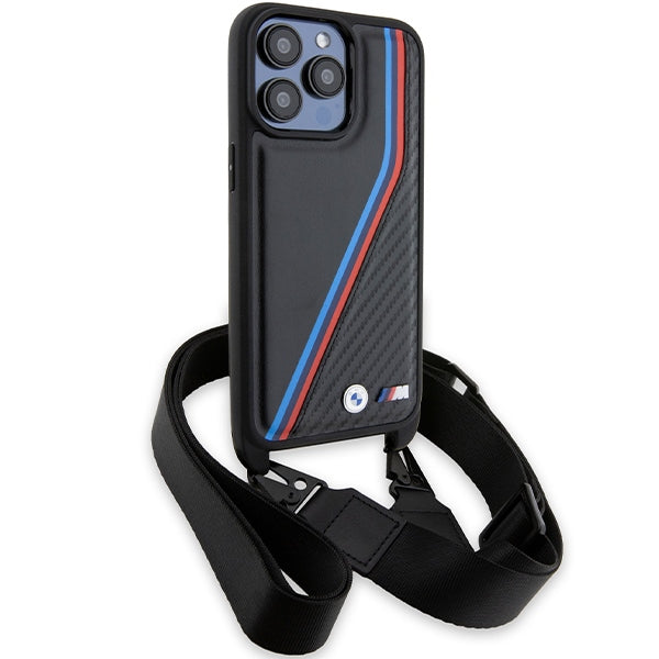 BMW Crossbody Handy Hülle Case M Edition Carbon Tricolor Lines & Strap für iPhone 15 Pro Max Schwarz