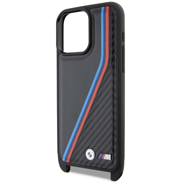 BMW Crossbody Handy Hülle Case M Edition Carbon Tricolor Lines & Strap für iPhone 15 Pro Max Schwarz
