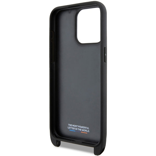 BMW Crossbody Handy Hülle Case M Edition Carbon Tricolor Lines & Strap für iPhone 15 Pro Max Schwarz