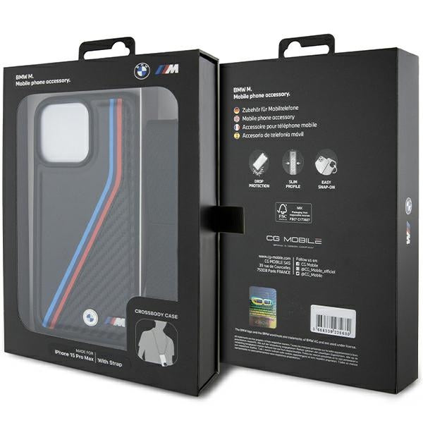 BMW Crossbody Handy Hülle Case M Edition Carbon Tricolor Lines & Strap für iPhone 15 Pro Schwarz