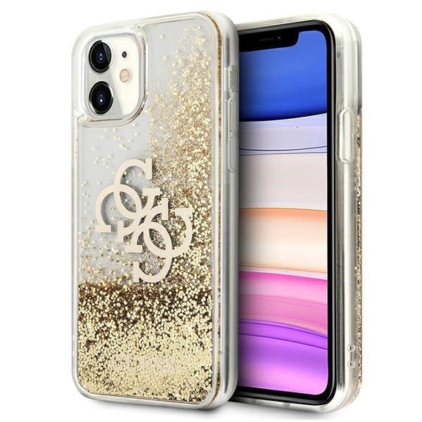 GUESS Handy Hülle Case für iPhone 11 Liquid Glitzer BIG 4G Transparent Gold
