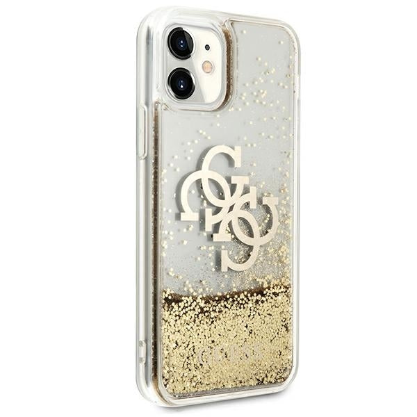 GUESS Handy Hülle Case für iPhone 11 Liquid Glitzer BIG 4G Transparent Gold
