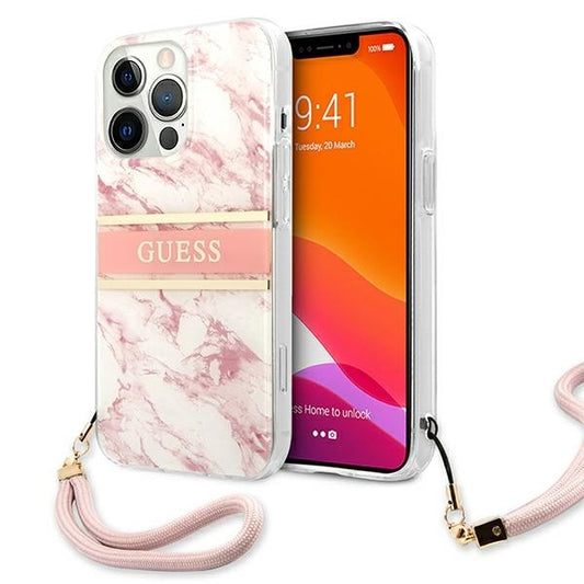 GUESS Handy Hülle Case Marble Strap Collection für iPhone 13 Pro Max Pink