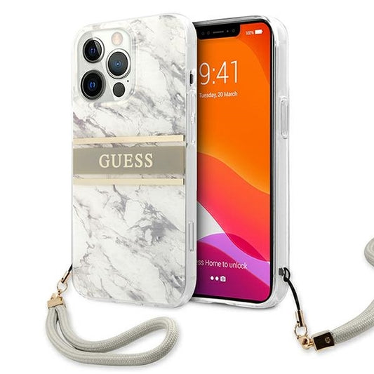 GUESS Handy Hülle Case Marble Strap Collection für iPhone 13 Pro Max Grau