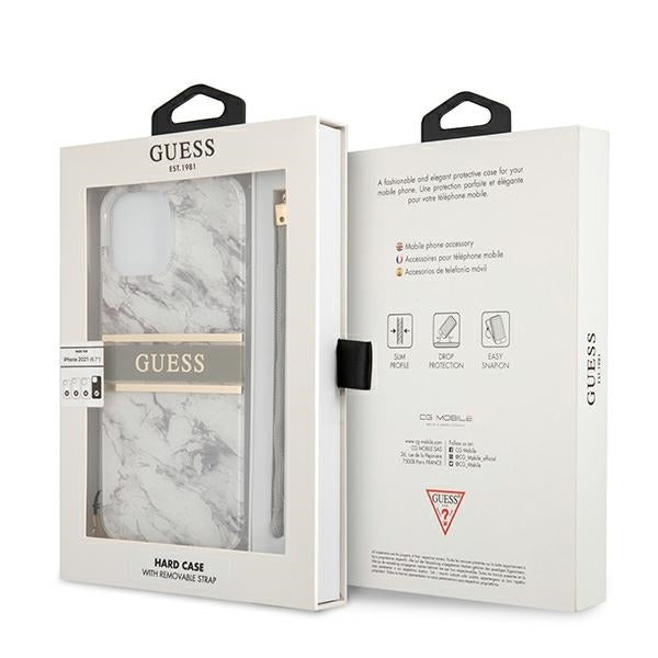 GUESS Handy Hülle Case Marble Strap Collection für iPhone 13 Pro Max Grau