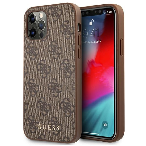 GUESS Handy Hülle Case für iPhone 15 Pro 4G Metall Gold Logo Braun