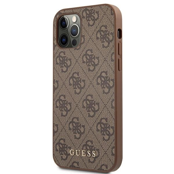 GUESS Handy Hülle Case für iPhone 15 Pro 4G Metall Gold Logo Braun