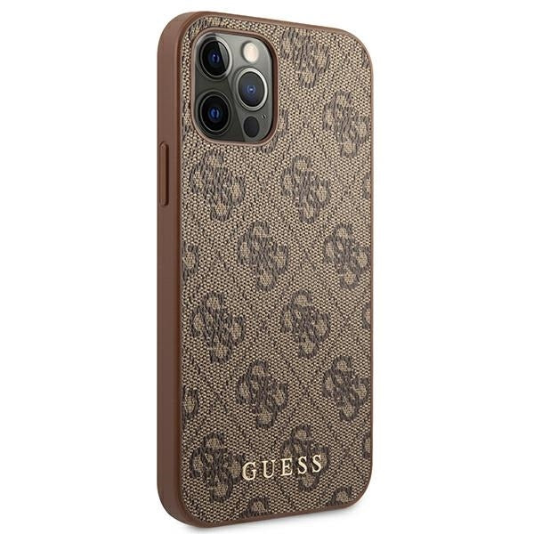GUESS Handy Hülle Case für iPhone 15 Pro 4G Metall Gold Logo Braun
