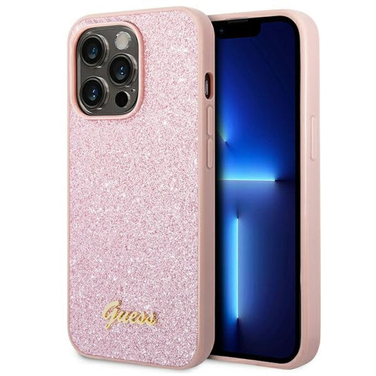 GUESS Handy Hülle Case Glitzer Skript 4G Gold Logo für iPhone 14 Pro Pink