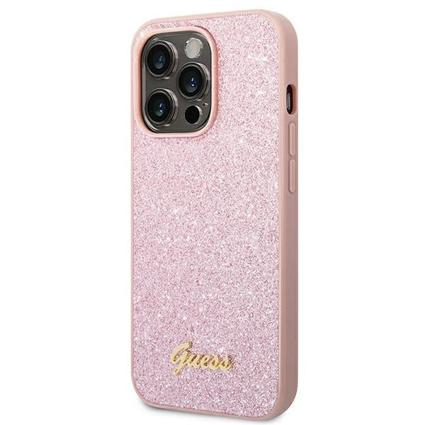 GUESS Handy Hülle Case Glitzer Skript 4G Gold Logo für iPhone 14 Pro Pink