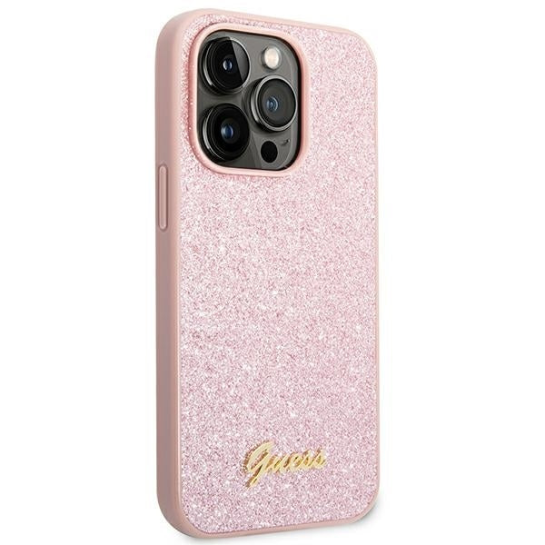 GUESS Handy Hülle Case Glitzer Skript 4G Gold Logo für iPhone 14 Pro Pink