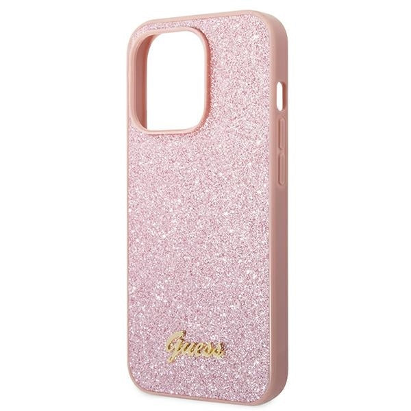 GUESS Handy Hülle Case Glitzer Skript 4G Gold Logo für iPhone 14 Pro Pink