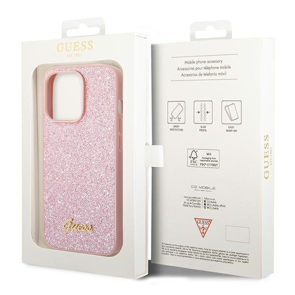 GUESS Handy Hülle Case Glitzer Skript 4G Gold Logo für iPhone 14 Pro Pink